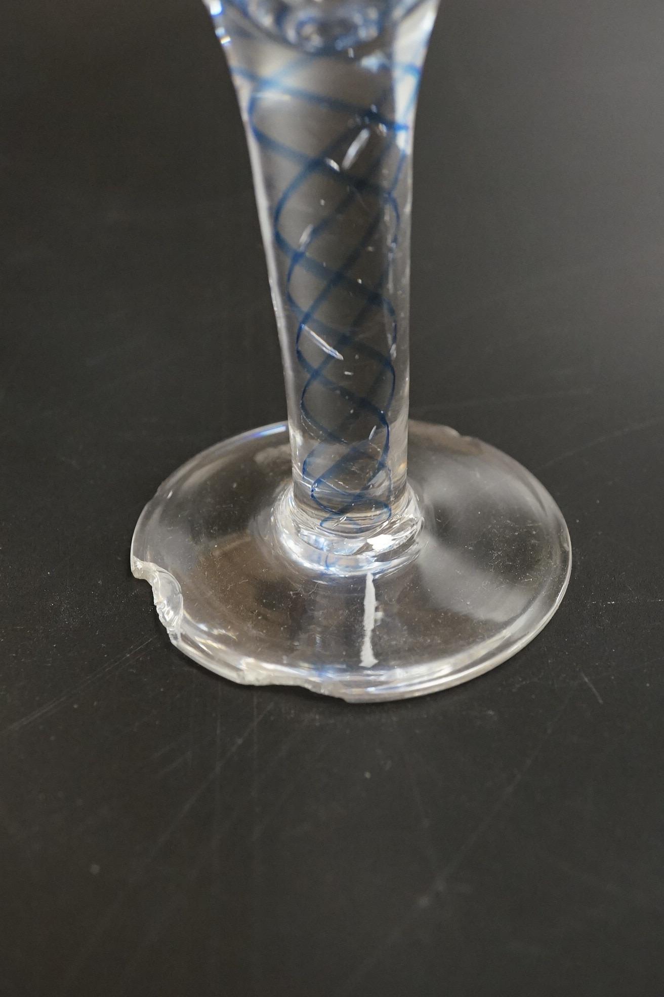 Two drawn wine glasses, each with air-tear stems, and a drawn-stem wine glass with blue internal twist, tallest 17cm high (3)